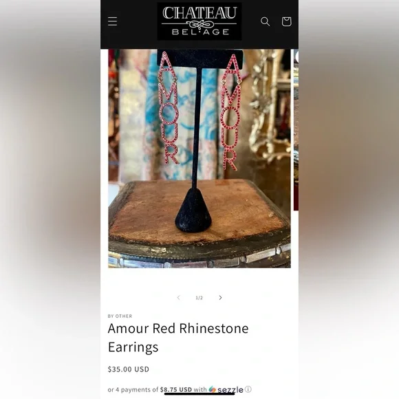 Amour LOVE Red Rhinestone Crystal Gold Long Drop Earrings Valentines Glam - Picture 4 of 8